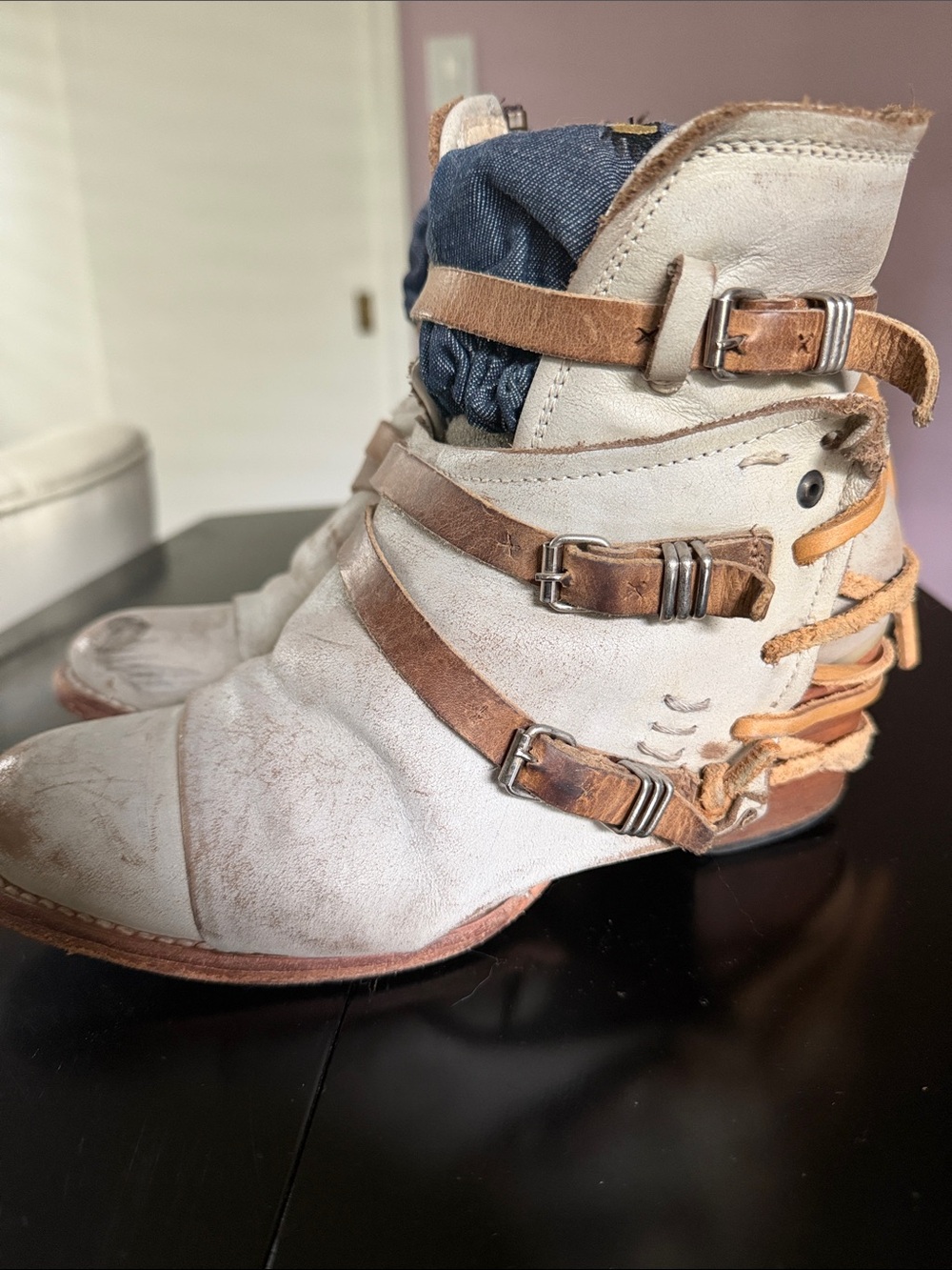Ivory Leather Ankle Boots with Brown Strap Details - Picture 3 of 6
